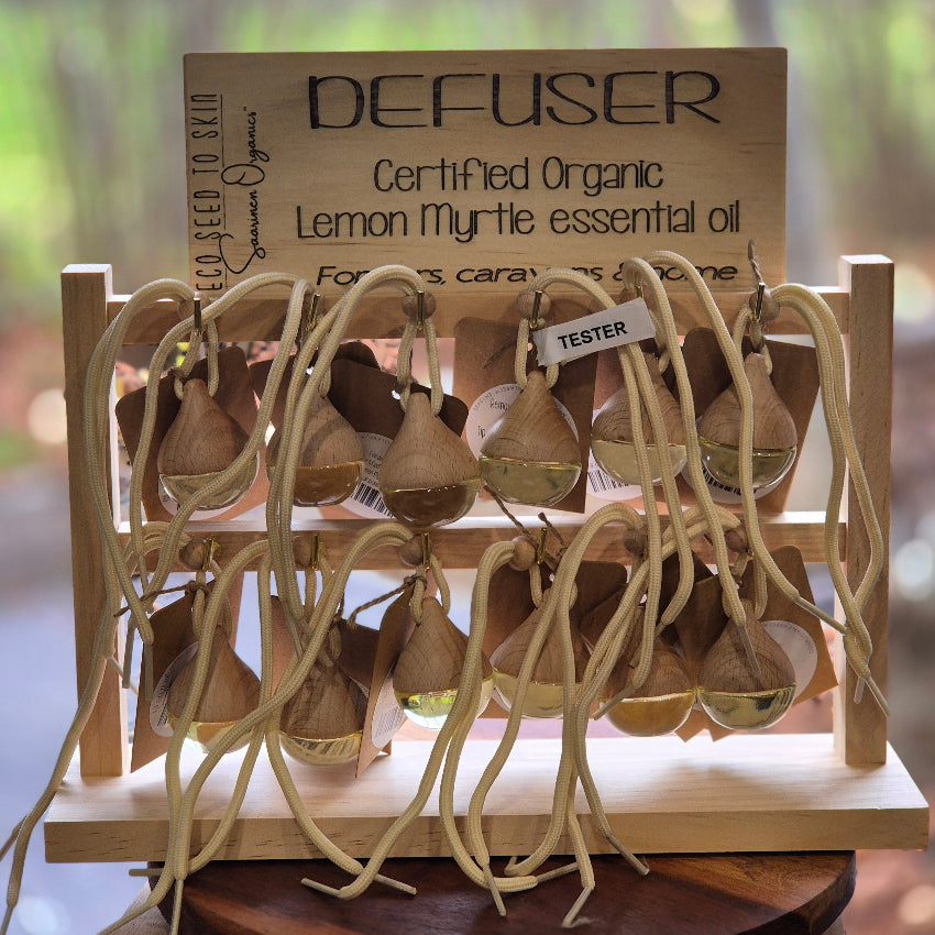 Lemon myrtle defusers on rack front